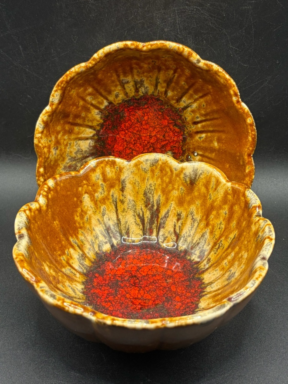 Pr California Pottery USA Vintage MCM Drip Glaze Flower Shaped Bowls Kitchenware
